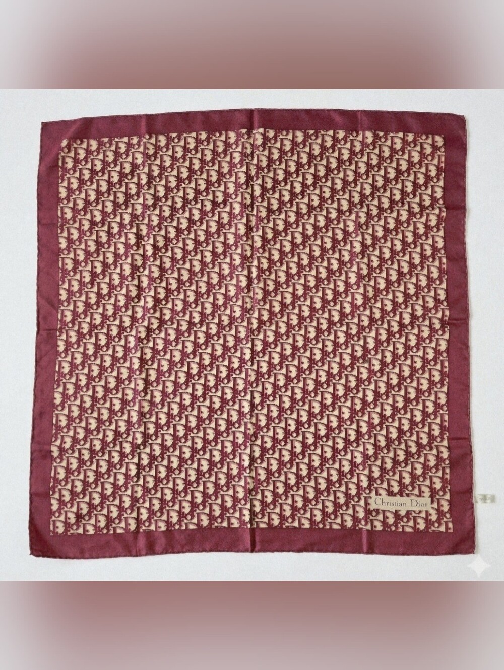 Christian Dior Burgundy & Cream Oblique Monogram Silk Scarf - Picture 2 of 7